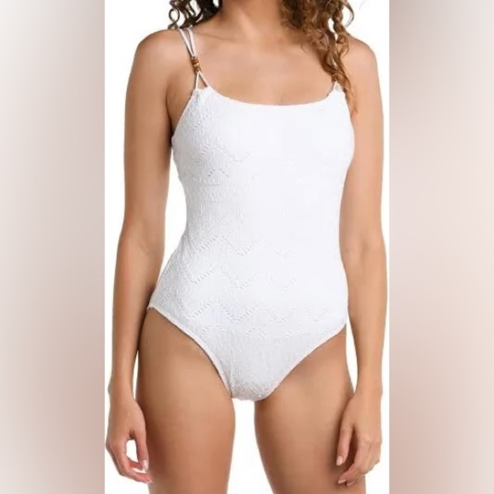 La Blanca Premium Brand Salt Eyelet One-Piece Swimsuit, White Size 14 UPF 50 NWT
